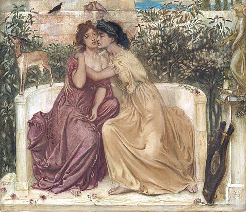 Painting of Sappho and Erinna, 1864. Artist Simeon Solomon. Lesbians in Victorian society. 