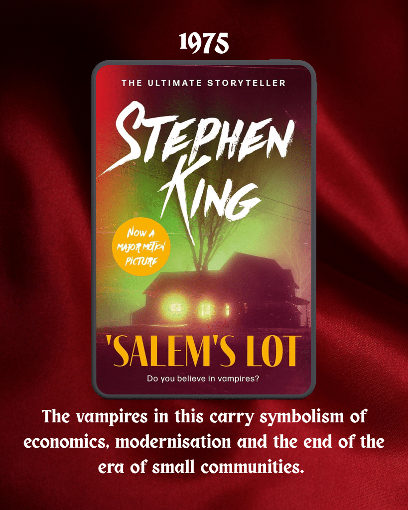 Salems Lot by Stephen King brings the symbol of the vampire into a new meaning. This is a cover of the book as well as a summary of what the vampire symbolises in Salems Lot. 